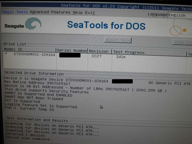 USB メモリから起動した Seagate SeaTools For DOS、SeaTools for DOS v2.23 上で認識している SATA HDD