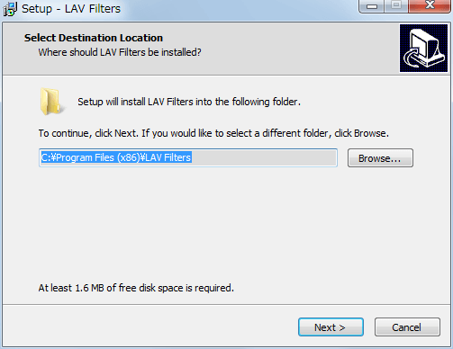 LAV Filters 0.71 インストール、Select Destination Location、Next クリック
