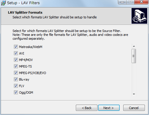 LAV Filters 0.71 インストール、LAV Splitter Formats、Next クリック