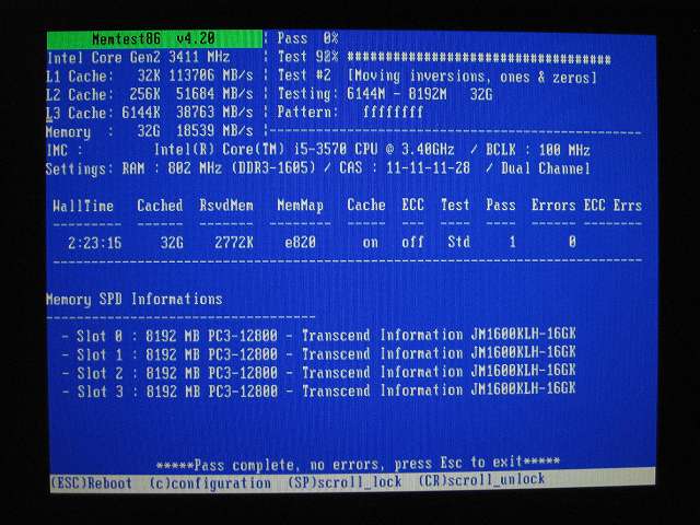 Memtest86+ 「Pass」 が 1 になった時点でメモリーテストを手動で終了、結果 Errors 0、DDR3 32GB メモリテストを一周まわすのにおよそ 2時間30分程度のテスト時間