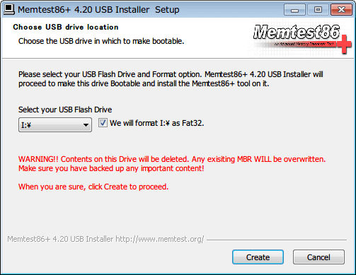 Memtest86+ インストール、「We will format I:\ Fat32.」 にチェックマークが入っているのを確認して 「Create」 ボタンをクリック、USB メモリのフォーマットとインストール開始