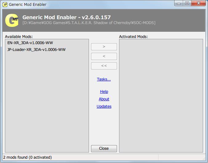 GOG 版 S.T.A.L.K.E.R Shadow of Chernobyl、4GB Patch XR_3DA.exe（v1.0006 WW） を Mod 管理ソフト JSGME で管理、Steam 対応版日本語化ローダーを使用する場合は bin_org フォルダに XR_3DA.exe（v1.0006 WW） を配置、Mod 管理ソフト JSGME で有効化