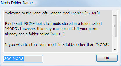 Mod 管理ソフト JSGME 2.6.0.157 インストール、JSGME.exe を起動すると Mod を管理するフォルダ作成画面が表示、GOG 版 S.T.A.L.K.E.R Shadow of Chernobyl の場合、すでに mods フォルダがあるためここでは SOC-MODS を設定