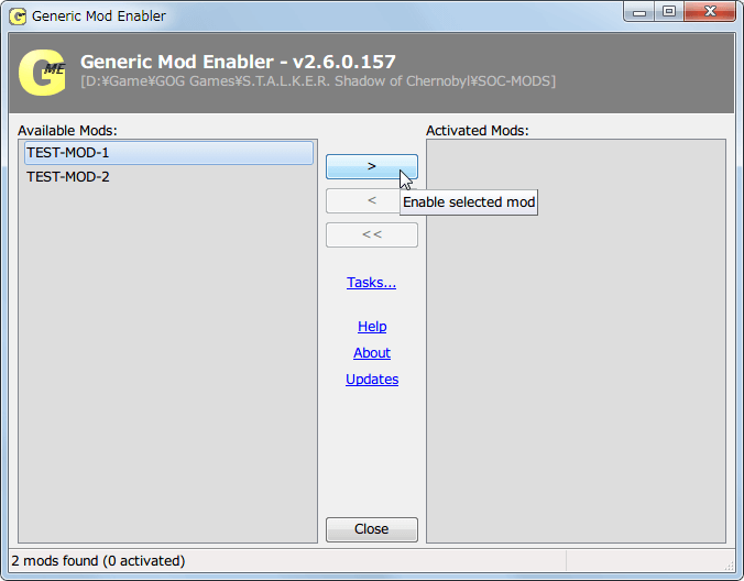 Mod 管理ソフト JSGME 2.6.0.157 使い方、ダミーファイル・フォルダを用いて JSGME の動作確認、MOD フォルダに入れた TEST-MOD-1 フォルダと TEST-MOD-2 フォルダが JSGME のリスト（Available Mods）に表示、TEST-MOD-1 を選択して ＞ （Enable selected mod） をクリック