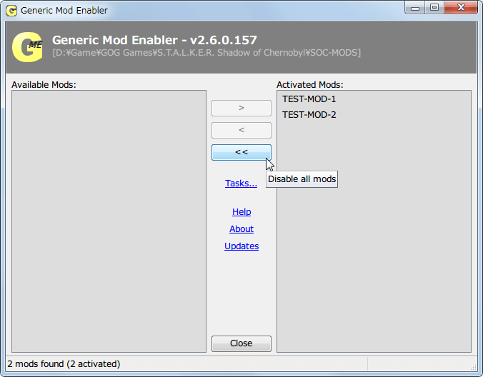 Mod 管理ソフト JSGME 2.6.0.157 使い方、ダミーファイル・フォルダを用いて JSGME の動作確認、＜＜ （Disable all mods） をクリックすると Activated Mods に移動した Mod 一覧が Available Mods に戻り、ゲームインストールフォルダにコピーされた Mod フォルダ・ファイルも同時に削除
