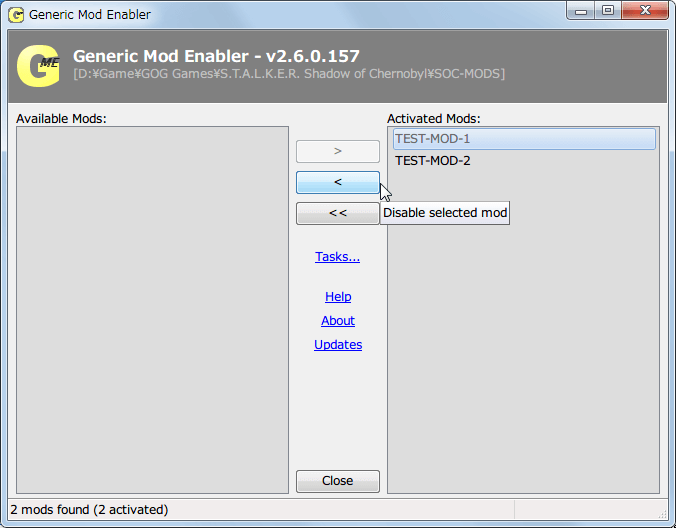 Mod 管理ソフト JSGME 2.6.0.157 使い方、ダミーファイル・フォルダを用いて JSGME の動作確認、複数の Mod をインストールした際に同じフォルダ名・ファイル名があれば適用前に警告画面が表示、同名フォルダは問題ないがファイル差し替えは後からインストールしたもの優先的に反映されるため Mod ファイル構成及びインストールする順番を考慮する必要がある、重複フォルダ・ファイルを差し替えした場合、差し替えられた Mod リストがグレーアウトで表示される、グレーアウトした Mod リストを Disable selected mod するとエラーメッセージが表示される、ファイルを元に戻す時に矛盾が発生しないよう、差し替え後の Mod リストを Disable selected mod してからでないと元に戻すことができないようになっている、グレーアウトしていなければいつでも Disable selected mod で元に戻すことが可能