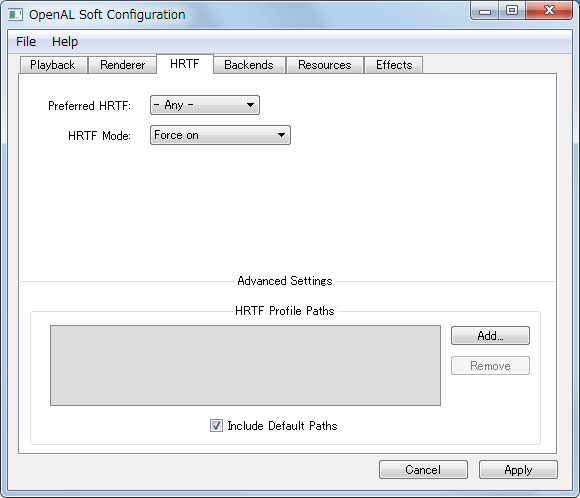 S.T.A.L.K.E.R Shadow of Chernobyl、OpenAL Soft 1.19.0 alsoft-config.exe サウンド設定、OpenAL Soft Configuration HRTF タブ HRTF Mode を Force on に設定