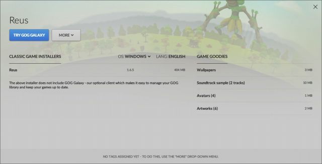 PC 版 ゴッドゲーム Reus、GOG.com Classic Game Installers バージョン 1.6.5