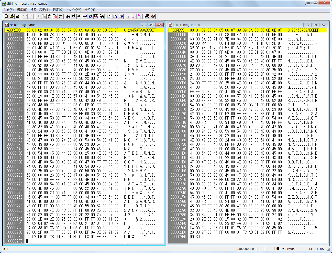 以前、2ch にアップされていたサイレントヒル2 mes ファイルと SH2DCJ2.exe を使って抽出した mes ファイル 全72ファイルを WinMerge で比較した際、result_msg_e.mes のみ一致しないことが判明し、クリア後のスコア画面を表示させたところ SH2DCJ2.exe で抽出した result_msg_e.mes を入れたときにメッセージが表示されないことが判明した。画像左側が 2ch にアップされていた日本語化ファイル result_msg_e.mes ファイル、画像右側が SH2DCJ2.exe を使って ETC.MGF から抽出した result_msg_e.mes ファイル