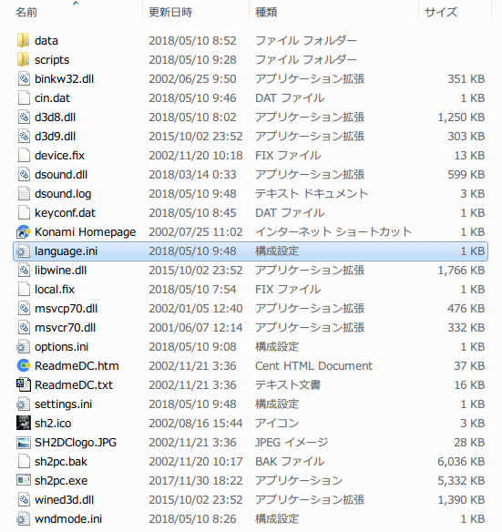 PC 版 サイレントヒル2 日本語化作業、抽出した日本語データ mes ファイル 全 72ファイルを message フォルダに上書きまたは置き換えたら、インストールフォルダ内にある language.ini を開く