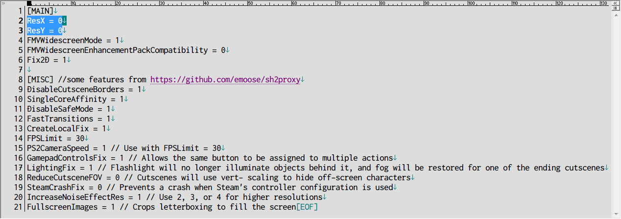 scripts フォルダにある SilentHill2.WidescreenFix.ini に記述してある ResX、ResY の値がともに 0（デフォルト値）の場合、モニター解像度いっぱいにゲーム画面が表示される