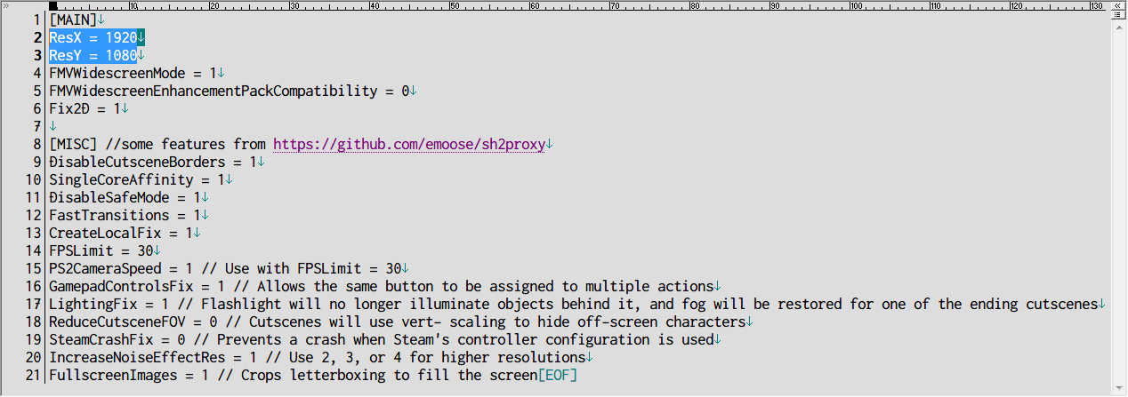 scripts フォルダにある SilentHill2.WidescreenFix.ini に記述してある ResX、ResY の値がともに 0（デフォルト値）の場合、Windows 画面解像度いっぱいにゲーム画面が表示される。ResX、ResY に表示したいゲーム画面解像度を入力することで、指定したゲーム画面サイズに変更できる