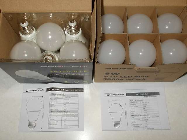 Shine Hai LED 電球 口金 E26 昼白色 5000K 6個セット、Shine Hai LED 電球 口金 E26 電球色 2700K 6個セット 2018年6月購入