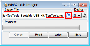 SeaTools Bootable USB Kit、Win32 Disk Imager で「Image File」で SeaTools_Bootable_USB_Kit.zip に入っている SeaTools.img を選択、右側の「Device」で USB メモリーのドライブレターを選択