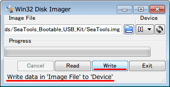 SeaTools Bootable USB Kit、Win32 Disk Imager で「Image File」で SeaTools_Bootable_USB_Kit.zip に入っている SeaTools.img を選択、右側の「Device」で USB メモリーのドライブレターを選択、「Write」ボタンにマウスカーソルを合わせると「Write data in Image File to Device」と表示、「Write」ボタンをクリック