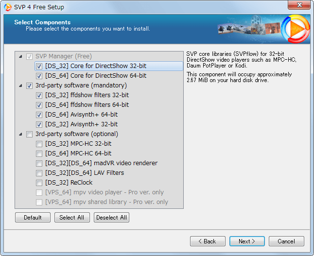 SmoothVideo Project SVP 4 Free 2017-10-19 4.2.0.122 インストール、Select Components、3rd-party software (optional) [DS_32] MPC-HC 32-bit [DS_64] MPC-HC 64-bit のチェックマークを外して Next クリック