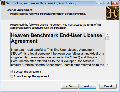 Baldur's Gate Enhanced Edition でサウンドカード Sound Blaster X-Fi 使用時に発生するサウンドノイズ対処方法、Unigine Heaven Benchmark （Basic Edition） インストール、I accept the agreement 選択、NEXT ボタンクリック