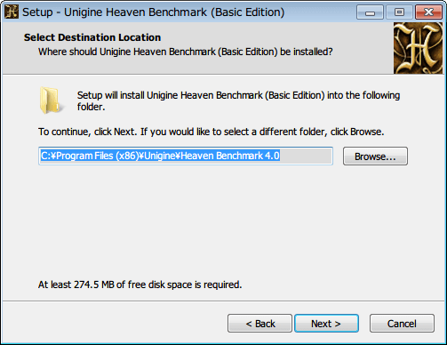 Baldur's Gate Enhanced Edition でサウンドカード Sound Blaster X-Fi 使用時に発生するサウンドノイズ対処方法、Unigine Heaven Benchmark （Basic Edition） インストール、インストール先フォルダの設定、後で必要なファイルをコピーするためパス名をメモ、NEXT ボタンクリック