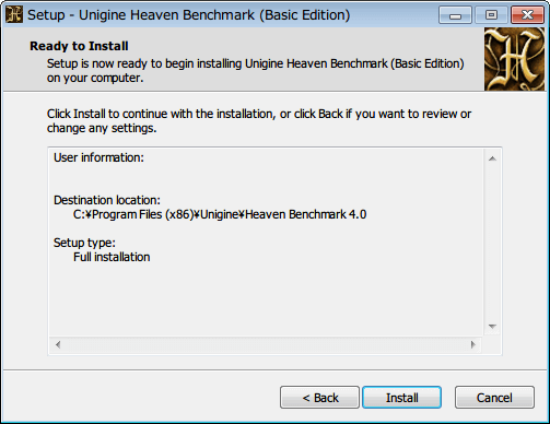 Baldur's Gate Enhanced Edition でサウンドカード Sound Blaster X-Fi 使用時に発生するサウンドノイズ対処方法、Unigine Heaven Benchmark （Basic Edition） インストール、Install ボタンクリック