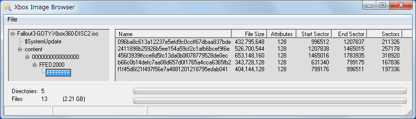 wxRipper 1.2.0.42 Windows7 x64 で保存した Xbox 360 ISO ファイルの中身を閲覧する方法、ISO ファイル Xbox 360 版 Fallout 3 Game of the Year Edition Disc2（DLC） Xbox Backup Creator 2.9.0.425 の Image Browser で開いたところ