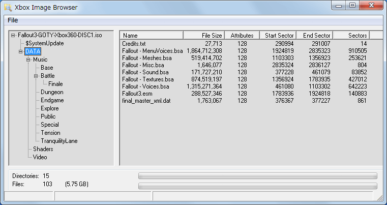 wxRipper 1.2.0.42 Windows7 x64 で保存した Xbox 360 ISO ファイルの中身を閲覧する方法、ISO ファイル Xbox 360 版 Fallout 3 Game of the Year Edition Disc1 を Xbox Backup Creator 2.9.0.425 の Image Browser で開いたところ