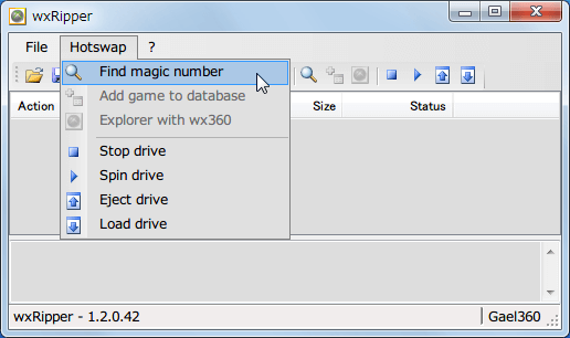 wxRipper 1.2.0.42 Windows7 x64 を起動して 2層 DVD を DVD ドライブに挿入、ディスクを入れた DVD ドライブレターを選択して Hotswap → Find magic number をクリック