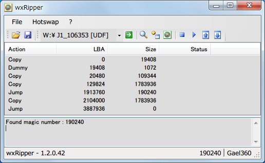 wxRipper 1.2.0.42 Windows7 x64 を起動して 2層映像 DVD を DVD ドライブに挿入、ディスクを入れた DVD ドライブレターを選択して Hotswap → Find magic number をクリック、うまくいくと Found magic number 数字（DVD によって違う、プライベートライアンの場合 190240）が表示される