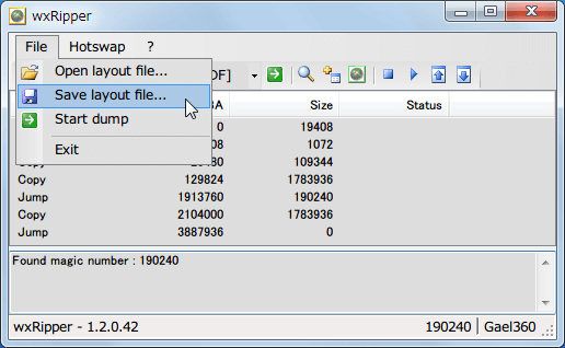 wxRipper 1.2.0.42 Windows7 x64 を起動して 2層映像 DVD を DVD ドライブに挿入、ディスクを入れた DVD ドライブレターを選択して Hotswap → Find magic number をクリック、うまくいくと Found magic number 数字（DVD によって違う、プライベートライアンの場合 190240）が表示される、File → Save layout file... をクリックしてファイル（.ltf）を保存する