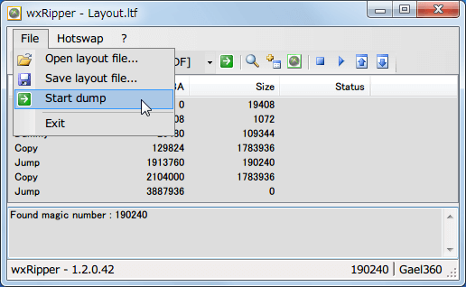 wxRipper 1.2.0.42 Windows7 x64 を起動して 2層映像 DVD を DVD ドライブに挿入、ディスクを入れた DVD ドライブレターを選択して Hotswap → Find magic number をクリック、うまくいくと Found magic number 数字（DVD によって違う、プライベートライアンの場合 190240）が表示される、File → Save layout file... をクリックしてファイル（.ltf）を保存、ltf ファイルをテキストエディタで開き3行目の C を D に変更して保存、wxRipper File → Opne layout file... をクリックして先ほど保存したファイル（.ltf）を開く、3行目の Copy が Dummy に変更、Hotswap → Stop drive をクリックしてディスクの回転状態を止める、DVD ドライブのトレイをイジェクトピンで強制イジェクトして Xbox360 ディスクに交換してトレイを手動で閉じる、Hotswap → Spin drive をクリックしてディスクを回転させる、File → Start dump をクリックしてファイル名を入力して ISO ファイル形式で Xbox360 データの保存開始